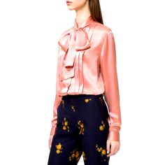 *Lightweight Pin Tucked Pleated Blouse. *High Neck. *Oversized Bow Ties At Front Center. *Long Sleeves. *Covered Single-Button Cuffs. *Concealed Front Buttons. *100% Silk. *Dry Clean Only. *Made In Italy. This Gucci Blouse Is Pictured In The Brooding Pre-Aw20 Lookbook The Rich, Dusty Pink Hue Is A Key Shade Throughout The Collection. Made In Italy, It's Crafted For A Loose Fit With A High Neck And Statement Puss Y Bow Ties Echoing The House’s Enduring Retro-Bohemian Edge Then Has Buttoned Cuffs Elegant Silk Gucci Tops, Chic Gucci Blouse For Formal Occasions, Chic Gucci Blouse For Spring, Gucci Luxury Formal Blouse, Luxury Formal Blouse By Gucci, Luxury Gucci Blouse For Formal Occasions, Luxury Formal Gucci Blouse, Chic Gucci Evening Tops, Spring Formal Gucci Blouse