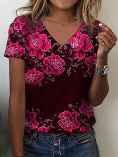 Women's 2024 Spring Summer V-Neck Floral Print Tee Loose Vintage T-Shirt 5XL Pink Printed V-neck T-shirt, Red Printed V-neck T-shirt, Lounge Wear Plus Size, Summer Fashion Casual, Shirts Oversized, Backless Bodycon Dresses, Women's Outfits By Occasions, Female Clothing, Floral Print Shirt