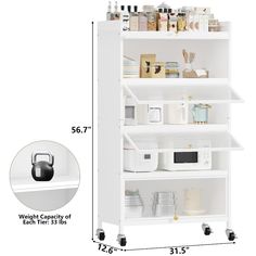 a white kitchen shelving unit with various items on it and measurements for each shelf