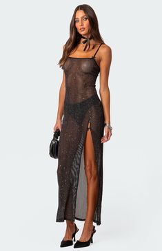 Sheer Micro Sequin Slitted Maxi Dress Sequin Knit, Visionary Fashion, Sequin Maxi Dress, Baby Bow, Sequin Maxi, Swimwear Dress, Black Sequin Dress, Old Hollywood Glamour, Sequin Fabric