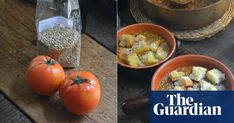 there are three bowls with food in them on the table next to two bags of rice and tomatoes