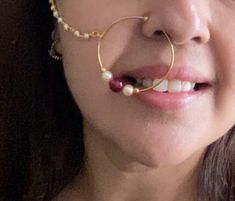 Nose Ring with pearl chain /Clip On Nose Ring/ Gold Nose Ring/Nath/Bollywood/Indian wedding Pearl Nose Ring/Pakistani wedding/bridal Jewelry Indian Bridal Traditional One Gram Jewelry Indian Nose Rin g with Gold chain does not require a hole in the nose.  This Nose Ring is pressable (no piercing is required )  Indian nose rings are worn on the left side. Classic Design Bollywood Nose Ring Gorgeous 24 K gold plated. Handmade Elegant Nose Rings For Wedding, Elegant Handmade Nose Rings For Wedding, Elegant Chandbali Nose Rings For Wedding, Pearl Toe Ring For Wedding, Wedding Rings With Pearl Chain, Pearl Nose Ring, Clip On Nose Ring, Nose Ring Gold, Nath Nose Ring