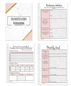 three sheets of workbook with pink and gold accents