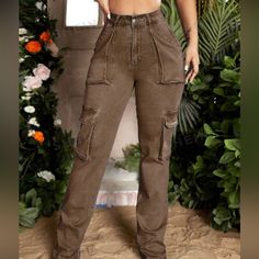 Brand New, Never Worn. Size L Trendy Full-length Brown Cargo Pants, Trendy Brown Full-length Cargo Pants, Trendy Brown Full Length Cargo Pants, High Waist Brown Jeans With Pockets, High Waist Brown Jeans, High Waist Stretch Cargo Jeans, Stretch Brown Cargo Pants With Cargo Pockets, Stretch Brown Bottoms With Cargo Pockets, Brown Stretch Cargo Bottoms