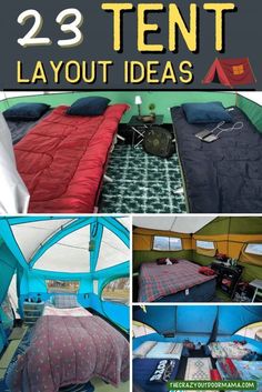 the inside of a tent with two beds and one bed in it, there are pictures of