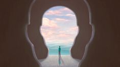 a person standing in front of an open doorway with the sky and water behind them