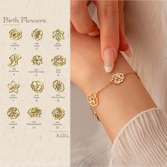 a woman's bracelet with different designs on it and the words birth flowers written in gold