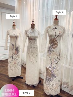 Beautiful traditional Vietnamese Ao Dai made to fit your measurements! Choose between 4 styles: - Style 1 is in white with white lace patterns - Style 2, 3, 4 has colored & white patterns - Price include pants for the bride's Ao dai The dress will need 2-3 weeks to be made. Please send us your body measurements (see last image) after payment. For peace of mind, photos of your dress before shipment can also be sent. Faster shipping available as an upgrade at checkout. Note: Plus sizes (US 12 Luxury Ao Dai For Spring Evenings, Traditional White Wedding Dress For Festive Season, Elegant Embroidered White Lace, Traditional White Wedding Dress For Ceremonies, Elegant White Lace With Intricate Embroidery, Lace Ao Dai For Wedding, Traditional Fitted White Wedding Dress, Elegant Wedding Dress For Traditional Ceremonies, Intricate Embroidery Ao Dai For Wedding