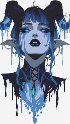 a drawing of a woman with blue hair and horns on her head, in front of dripping