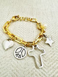 Made in Spain. Gold Plated adjustable bracelet Up to 8.5” Charms Bracelet, Adjustable Bracelet, Gold Plate, Spain, Charms, Charm Bracelet, Plating, Bracelet, Gold