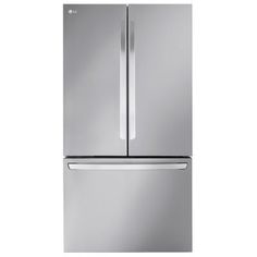 a silver refrigerator freezer sitting on top of a white wall