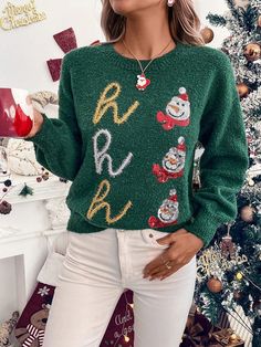 2024 New Arrival Autumn/Winter Christmas Sequin Santa Claus Knitted Sweatshirt For Women Dark Green Casual  Wrist-Length Sleeve Fabric Cartoon,Christmas,Figure Pullovers Slight Stretch  Women Clothing, size features are:Bust: ,Length: ,Sleeve Length: Red Christmas Sweater, Knitted Sweatshirt, Stand Collar Top, Striped Shawl, Cartoon Christmas, Sweatshirt For Women, Drop Shoulder Sweaters, Long Sleeve Knit Sweaters, Retro Women