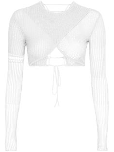 white cotton round neck long sleeves cropped rear tie fastening straight hem White Long Sleeve Cropped Sweater For Summer, Chic White Cropped Sweater For Summer, Chic White Crew Neck Crop Top, White Fitted Cropped Sweater, Roberta Einer, White Crop Top, Jersey Shirt, White Cotton, Round Neck