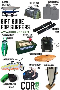 various surfboards and equipment are shown in this graphic style, with the words gift guide for surfers below them