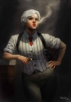 a painting of a woman with white hair wearing suspenders and a red neck tie