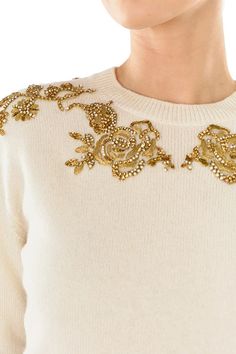 Embroidered Cashmere Sweater – Monique Lhuillier Sweater With Embroidery, White Knitwear, Pearl Sweater, Crystal Bra, Blouse Works, 2024 Runway, Zardozi Embroidery, Embellished Clothing, Beadwork Embroidery