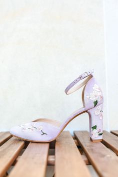 Wedding shoes 'Jasmine' is handcrafted in soft light purple suede and has elegant handmade pinky white sakura embroidery with small green leaves that can be customized to your preference! The heel measures 9 cm / 3.5 inches. These wedding shoes are designed with a V-notched vamp (v-cut) and closed-toe, making bridal sandals even more elegant and special. Inside there is a soft Memory foam insole, which gives a feeling of additional comfort when walking. Tunit outsole is made of a mixture of leat Lavender Wedding Shoes, Spring Embroidered Formal Wedding Shoes, Lavender Heels Wedding, Purple Heels For Spring Wedding, Spring Ceremony Ankle Strap Heels, Spring Ceremony Closed Toe Heels, Spring Wedding Shoes With Embroidery And Closed Toe, Spring Wedding Shoes With Embroidered Closed Toe, Purple Wedding Heels For Spring