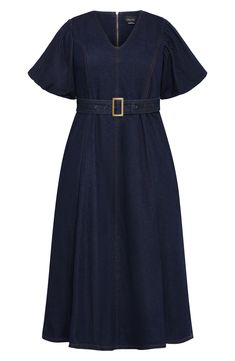 Elevate your office-casual look in this denim midi designed with a belted waist and airy flutter sleeves. 47" length Hidden back-zip closure V-neck Short sleeves Removable belt Unlined 100% cotton Machine wash, line dry Imported Chic Belted Knee-length Denim Dress, Belted Denim Dress For Summer Workwear, Chic Knee-length Belted Denim Dress, Chic Belted Denim Dress For Work, Belted Knee-length Denim Dress, Knee-length Belted Denim Dress For Work, Short Sleeve Belted Denim Workwear Dress, Belted Midi Denim Dress For Work, Belted Denim Dress With Short Sleeves For Work