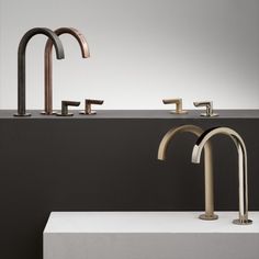 The Icona Deco collection in various PVD finishes: Matte Gun Metal, Matte Copper, Matte British Gold and Polished Nickel. Stylish Kitchen Design, Vincent Van Duysen, Plumbing Fixtures, Sink Faucets, Interior Design Projects, Industrial Design, Latest Design, Plumbing, Design Projects