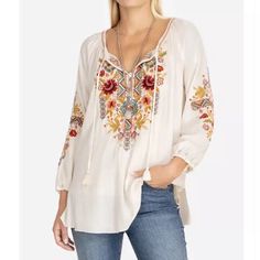 Ivory Size Small Embroidered Peasant Style Embroidered Top For Fall, Cream Bohemian Top For Fall, Spring Embroidered Long Sleeve Top In Cream, Spring Cream Embroidered Long Sleeve Top, White Bohemian Peasant Top With Intricate Embroidery, Peasant Style Embroidered Top With Floral Embroidery For Fall, Cream Long Sleeve Embroidered Top For Spring, Peasant Style Embroidered Top With Floral Details For Fall, Cream Embroidered Long Sleeve Top For Spring