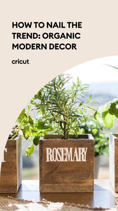 a wooden box with plants in it and the words how to nail the trend organic modern decor