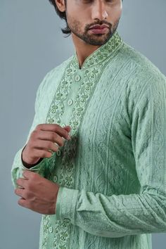 Shop for Punit Arora Green Modal Mandarin Collar Kurta Set for Men Online at Aza Fashions Green Churidar With Resham Embroidery And Long Sleeves, Green Long Sleeve Churidar With Resham Embroidery, Designer Anarkali Sherwani In Pista Green, Unstitched Green Bandhgala For Navratri, Green Resham Embroidery Kurta For Transitional Season, Green Bandhgala With Dabka Work For Transitional Season, Transitional Green Kurta With Resham Embroidery, Green Embroidered Sherwani For Navratri, Pista Green Long Sleeve Sherwani For Navratri