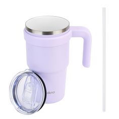 a purple coffee cup with a lid and handle next to a straw in the shape of a mug