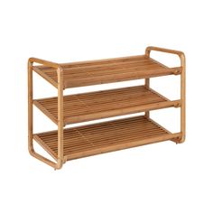 a bamboo shelf with two shelves on the bottom and one shelf below it, against a white background