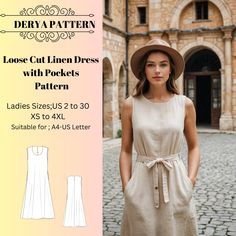 a woman wearing a dress and hat standing in front of an old brick building with the words, loose cut linen dress with pockets pattern ladies sizes us 2 to 30 xs to 4x4