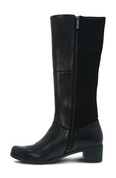 Rugged leather and contour-defining stretch fabric create an ideal fit and sleek silhouette in this knee-high boot set on an all-day-comfortable rubber sole. 1 3/4" heel, 14 1/2" shaft, 15" circumference (size 8.5) Leather and textile upper and lining/rubber sole Imported Modern Black Leather Knee-high Boots, Fitted Leather Knee-high Boots With Leather Lining, Leather Knee-high Boots For Business, Fitted Knee-high Boots With Leather Sole For Business, Fitted Leather Knee-high Boots For Business, Fitted Leather Knee-high Boots With Leather Sole, Fitted Synthetic Knee-high Boots For Workwear, Formal Synthetic Knee-high Boots, Fitted Leather Mid-calf Boots For Work