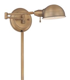 an antique brass wall light with a white shade on the side and a metal arm