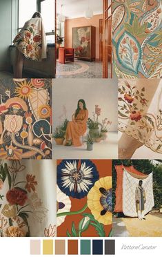 a collage of images with different colors and designs on them, including flowers, leaves, and an image of a woman sitting in a chair