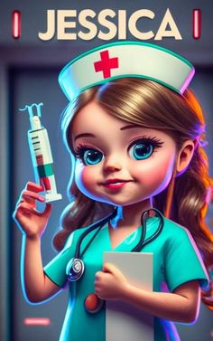 a cartoon girl nurse holding a sys in one hand and a clipboard in the other