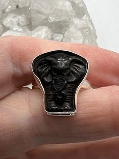 Black Onyx Carved Elephant Ring, Size 9 925 Sterling Silver WWW.KARINSFORGOTTENTREASURES.COM Carved Elephant, Shiva Eye, Elephant Ring, Garnet Pendant, Eye Ring, Sterling Silber, Black Onyx, Cross Pendant, Stone Rings