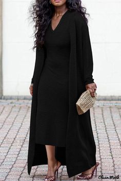 Olivia Mark - V Neck Long Sleeve Cape Dress Set for Women Rich Auntie Outfits, Closet Model, Dress And Cardigan, Kimono Set, Modern Wear, Cloak Coat, Dress Kimono, Long Sleeve Kimono, Rib Fabric