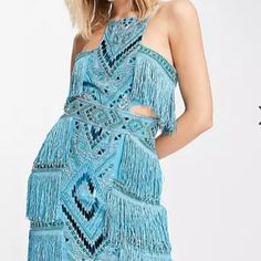 Gorgeous Fringe Mini Dress By Asos Design. Beaded Embellishment, Fringe Details, Cut-Out Sides. Perfect For A Cocktail Party, Birthday, Or Occasion. Fitted Blue Mini Dress With Fringe, Blue Fringe Dresses For Night Out, Blue Fringe Dress For Night Out, Embellished Sleeveless Festival Dress, Sleeveless Embellished Festival Dress, Blue Sleeveless Fringe Dress, Glamorous Blue Festive Dress, Fitted Blue Dress With Beaded Fringe, Blue Embellished Festival Dresses