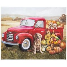 a painting of a dog sitting in front of a red truck filled with pumpkins and squash