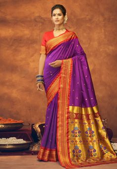 Silk paithani Saree in Purple colour 42004  Desc:  Style : Paithani Saree Color : Purple Fabric : Silk Wash Care : Dry clean Sleeve Style : Half Sleeve Long Sleeves : Done only in Custom Stitch Sleeves Lining : Done only in Custom Stitch Bust Size : 32 to 42 Inches Occasion : Temple Wear   Social Gathering   Pongal   Gudi Padwa   Onam   Ugadi. With Express Free Shipping and Custom Stitching, Buy Indian Party wedding wear Bridal Sarees Silk paithani Saree in Purple colour 42004 online in USA, UK Designer Party Wear Saree, Diwali Dresses, Buy Designer Sarees Online, Gudi Padwa, Paithani Saree, Purple Saree, Sarees Silk, Simple Sarees, Sunflower Yellow