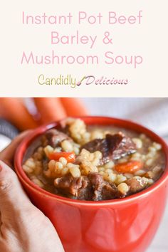 a red bowl filled with beef and mushroom soup