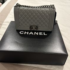 Gray Calfskin Chanel Boy Bag, Minor Scratches On Bottom Corners Chanel Bags, Chanel Boy, Chanel Boy Bag, Chanel Bag, Calf Skin, Chanel, Bag Lady, Shoulder Bag, Grey