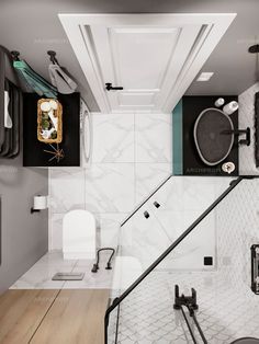 this bathroom has white marble walls and flooring with black accessories on the shelves above it