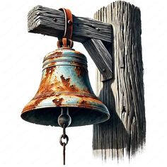 an old rusty bell hanging from a wooden fence