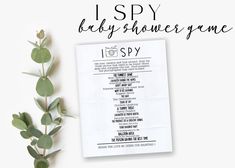 a baby shower game with eucalyptus leaves on the side and text that reads, i spy baby shower game