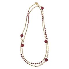 This fabulous long vintage Chanel sautoir necklace has red gripoix glass beads, faux pearls interspersed along the gold metal link chain. The red glass beads are 2 different sizes. It can wrap 2 or 3 times over on your neck or you can stagger it. It is marked Made in France Chanel 1984. it comes in a Chanel box and belonged to a big Chanel collector who may have worn this necklace once. It is 35" long or high when closed and opened up 68" L. The size of the big red glass fluted bead balls are 1/ Chanel Box, Flute Glass, Accessories Jewelry Necklace, Vintage Chanel, Red Glass, Link Necklace, Vintage Stil, Link Chain, Vintage Necklace