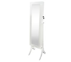 a white jewelry cabinet with a mirror on the top and legs in front of it