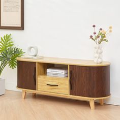 a wooden cabinet with two drawers and some plants in it next to a white wall