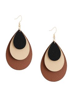 PRICES MAY VARY. BOHO CHIC DESIGN: These earrings feature a unique waterdrop shape with a triple-layered teardrop design in black, brown, and beige leather. HIGH-QUALITY MATERIAL: Made from high-grade faux leather, these earrings are both lightweight, durable and comfortable for all-day wear. VERSATILE STYLE: The striking color combination and layered design make these earrings perfect for any occasions, adding a chic touch to any look. PERFECT GIFT: Surprise your loved ones with this stylish an Wooden Circle Earrings, Homemade Leather Earrings, Beaded Leather Earrings, Cricut Leather Earrings, Leather Earrings Diy, Layer Earrings, Cricut Jewelry, Cricut Earrings, Leather Jewelry Diy