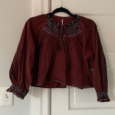 Never Worn - Brand New Purple Long Sleeve Tops For Festival, Casual Purple Festival Tops, Bohemian Burgundy Tops For Spring, Bohemian Burgundy Top For Spring, Purple Bohemian Cotton Top, Crochet Bell Sleeve, Ruffle T Shirt, Plaid Pullover, Free People Top