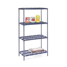 three tier shelving unit with food items on top and one shelf holding two cans