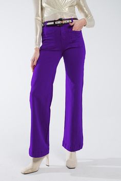 Q2 Purple flair jeans with large front pockets Wardrobe Stand, Flair Jeans, Purple Pants, Stylish Jeans, Work Looks, Bold Fashion, Easy Wear, Playsuit Jumpsuit, Flare Jeans